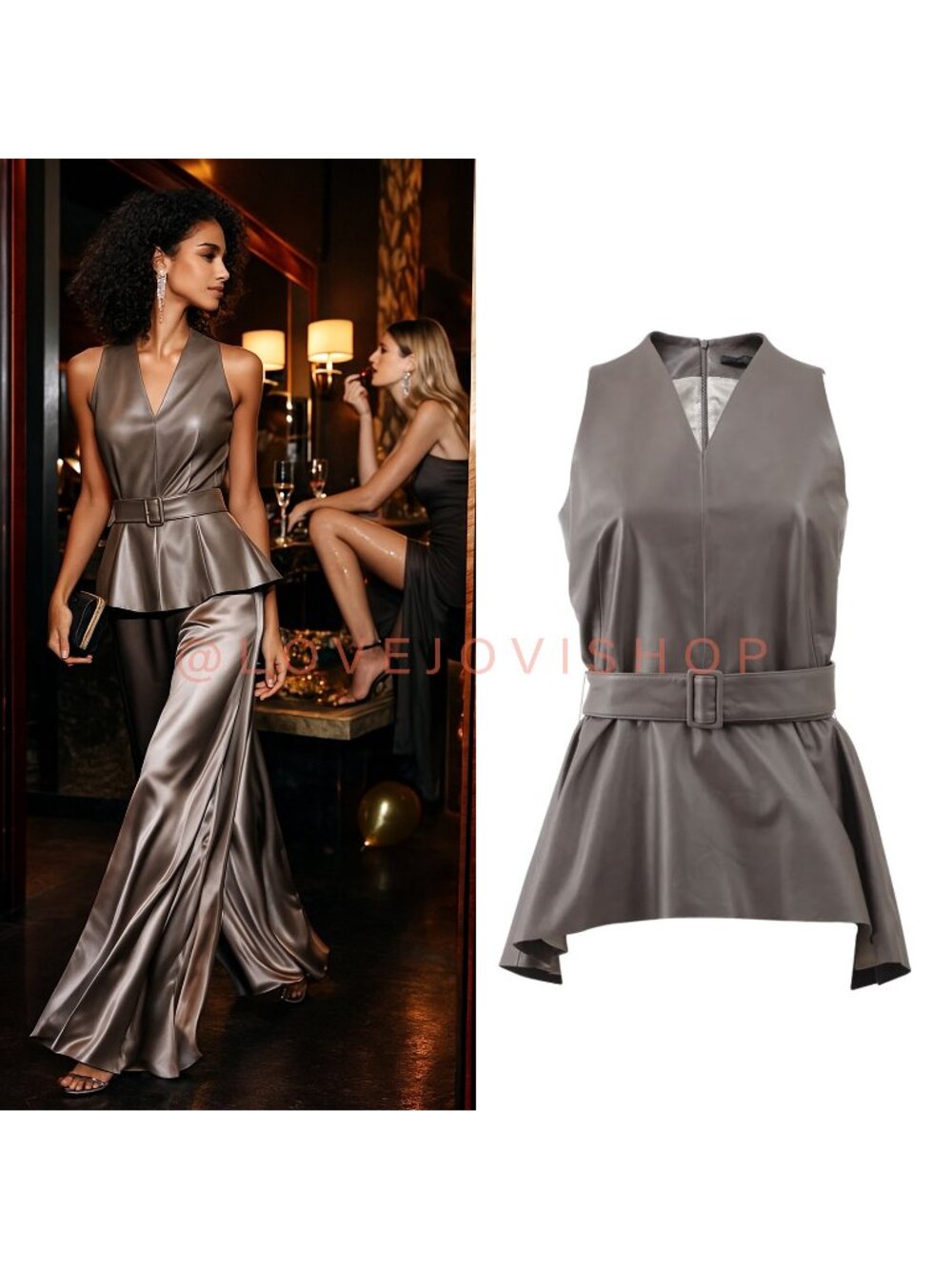 Statement Top | The Row Leather Peplum Top Fit n Flare Belt Stone Brown Taupe M